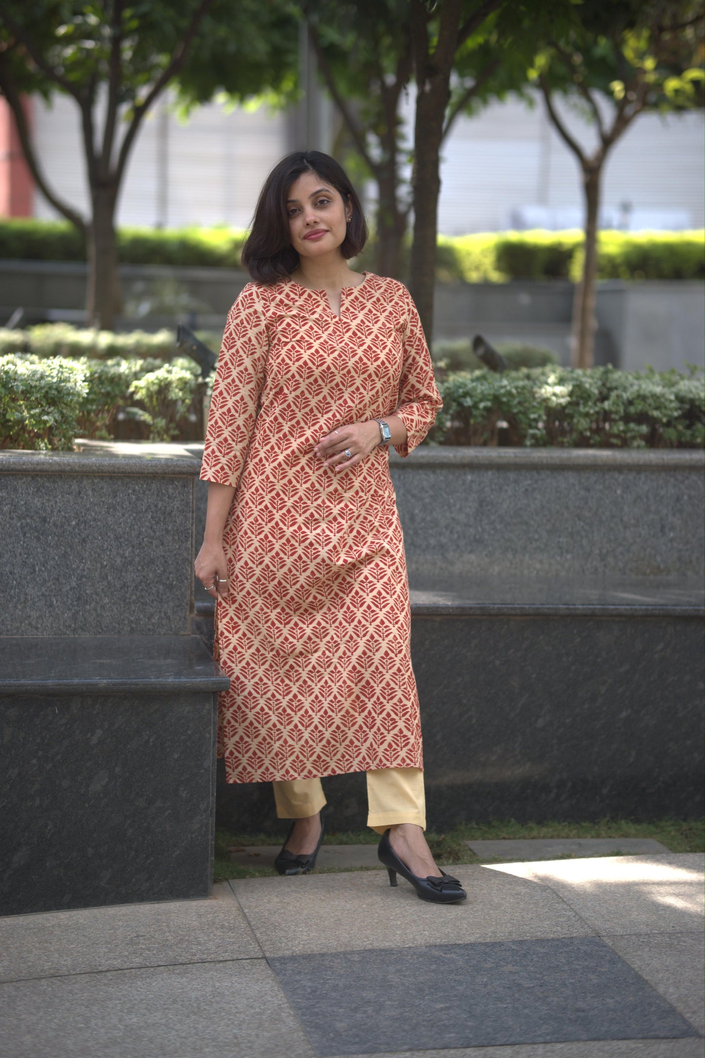 Beige and Red Sanganeri Printed Slit Neck Kurti