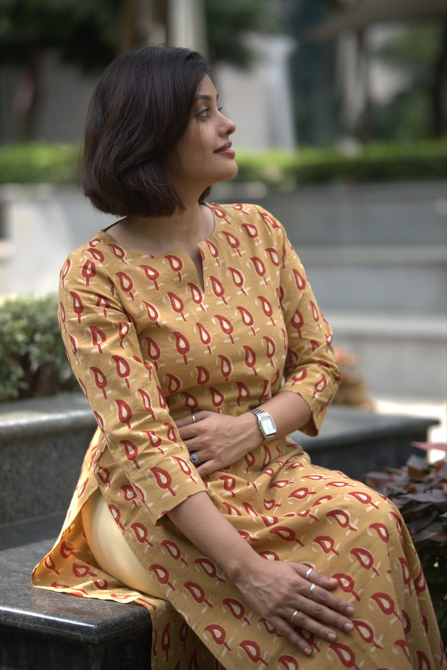 Selective Yellow and Red Paisley Print Printed Slit Neck Kurti