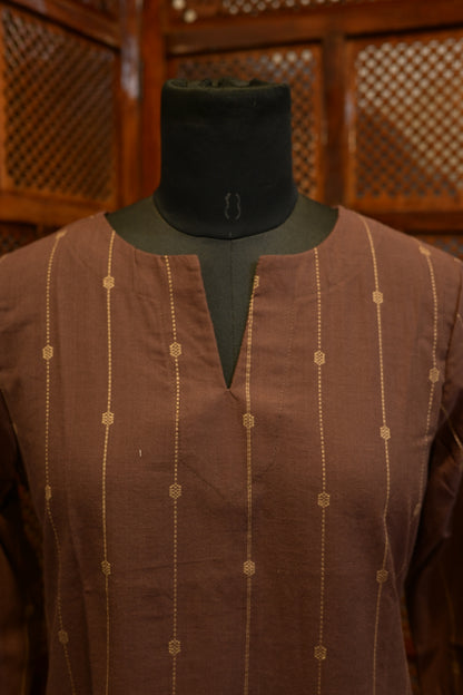 LEHRAA - Brown South Cotton Slit Neck Kurti