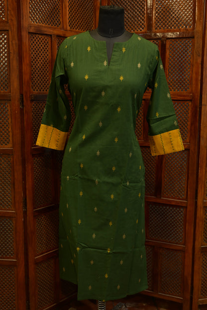 LEHRAA - Dark green and Yellow  South Cotton Slit Neck Kurti