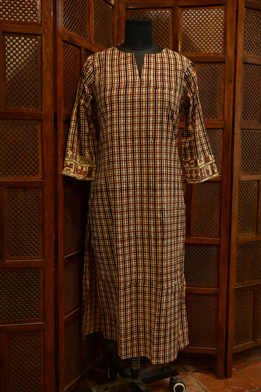LEHRAA - Black and Red Block Printed Slit Neck Kurti