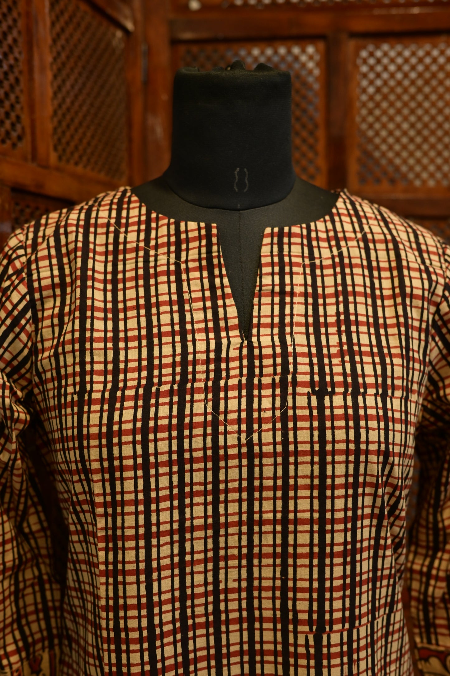 LEHRAA - Black and Red Block Printed Slit Neck Kurti