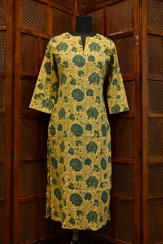 LEHRAA - Turquoise Blue and Creme Sanganeri Handblock Printed Cotton Kurti