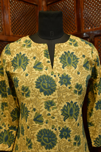 LEHRAA - Turquoise Blue and Creme Sanganeri Handblock Printed Cotton Kurti