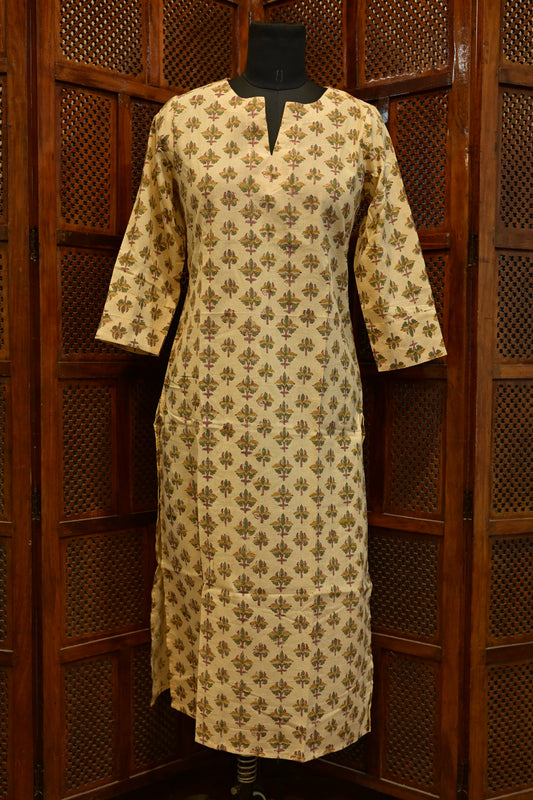 LEHRAA - Beige Sanganeri Hand Block Printed Cotton Kurti