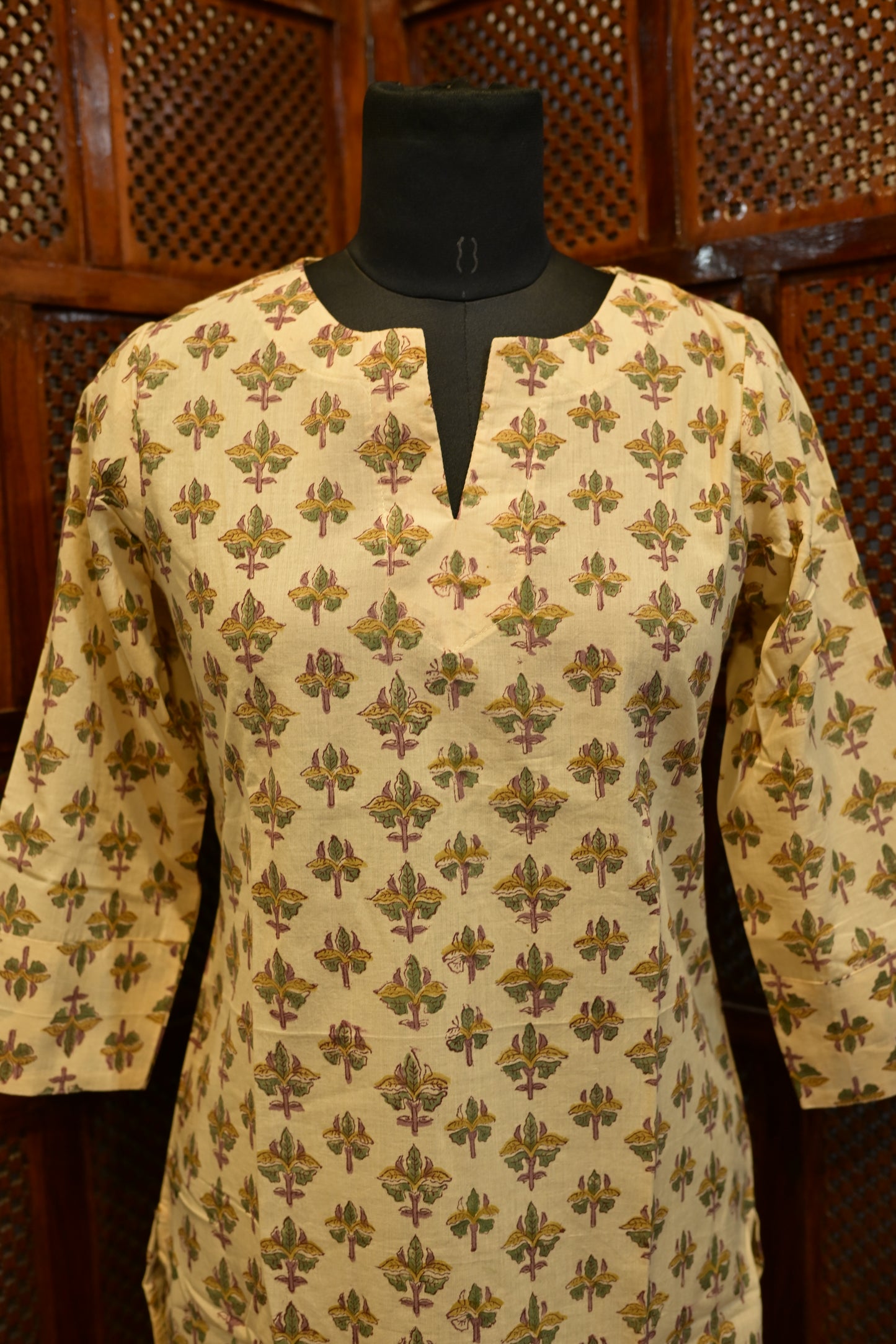 LEHRAA - Beige Sanganeri Hand Block Printed Cotton Kurti