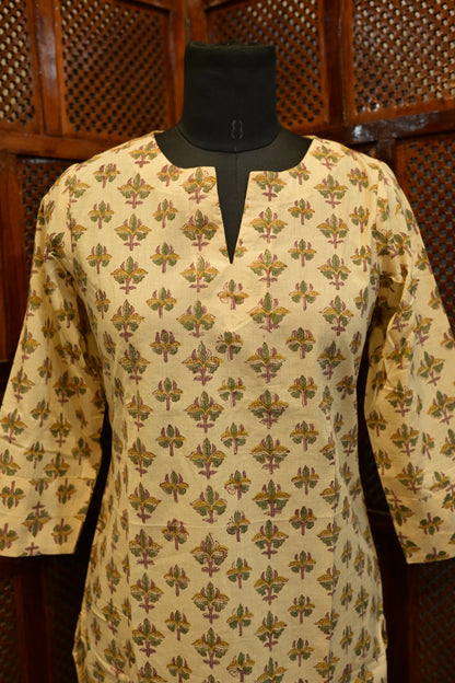 LEHRAA - Beige Sanganeri Hand Block Printed Cotton Kurti