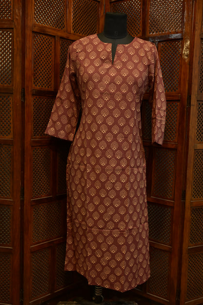 LEHRAA - ONION PINK Block printed Slit Neck Kurti