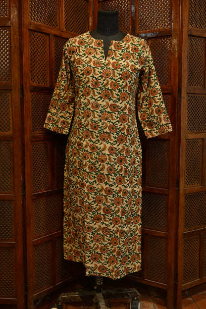 LEHRAA - Orange and Green Hand Block Printed Cotton Kurti