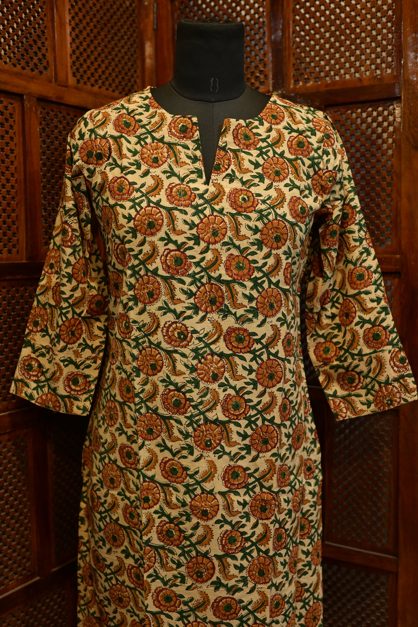 LEHRAA - Orange and Green Hand Block Printed Cotton Kurti