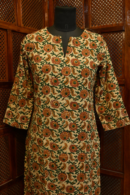 LEHRAA - Orange and Green Hand Block Printed Cotton Kurti