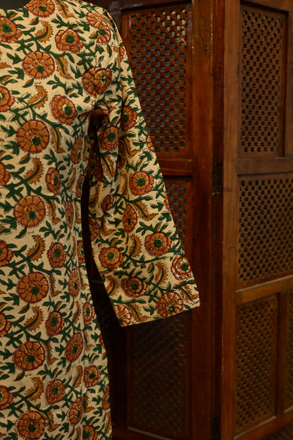 LEHRAA - Orange and Green Hand Block Printed Cotton Kurti