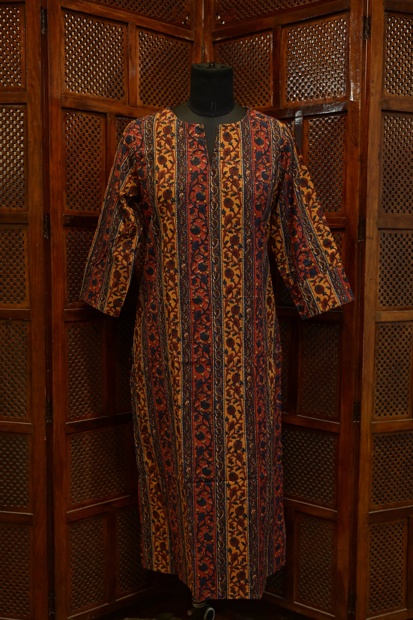 LEHRAA - Mustard yellow and Brick Red Handblock Printed Cotton Kurti