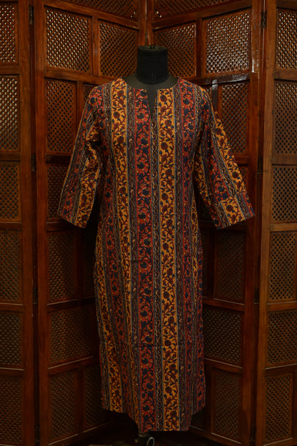 LEHRAA - Mustard yellow and Brick Red Handblock Printed Cotton Kurti