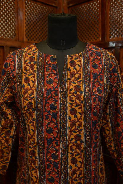 LEHRAA - Mustard yellow and Brick Red Handblock Printed Cotton Kurti