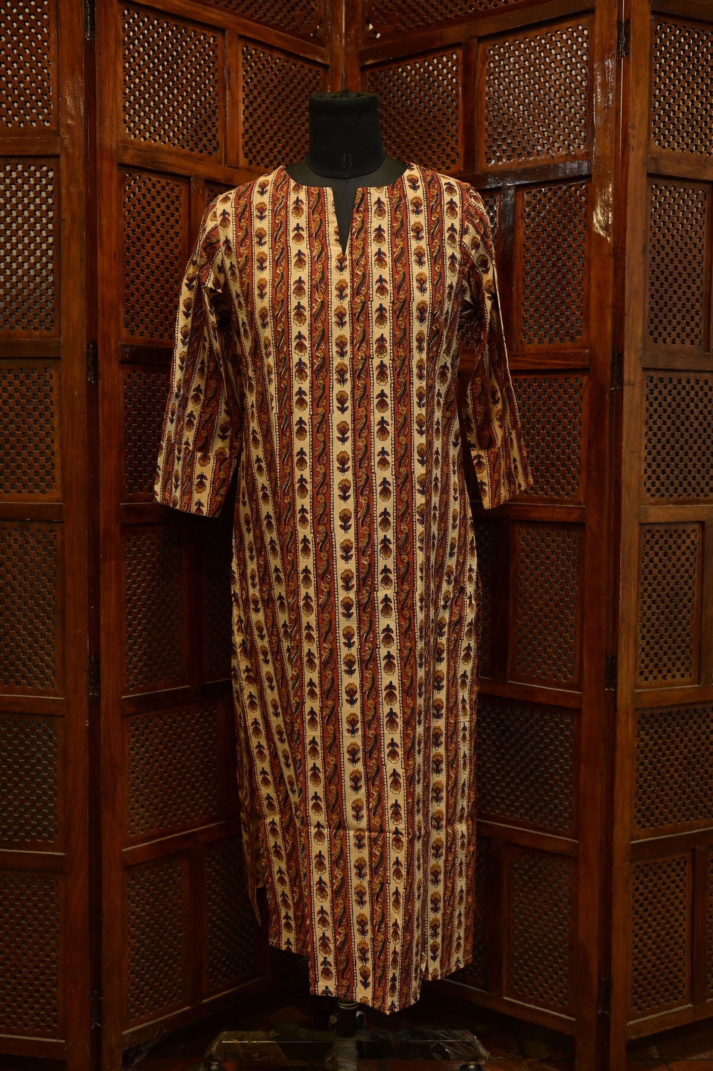 LEHRAA - Beige and Brick Red Hand Block Printed Cotton Kurti