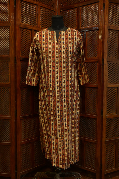 LEHRAA - Beige and Brick Red Hand Block Printed Cotton Kurti