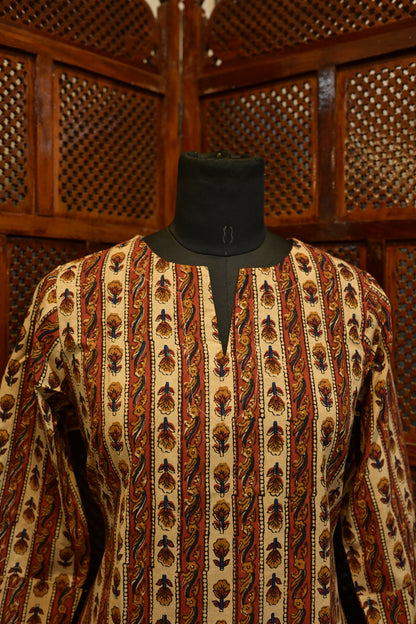 LEHRAA - Beige and Brick Red Hand Block Printed Cotton Kurti