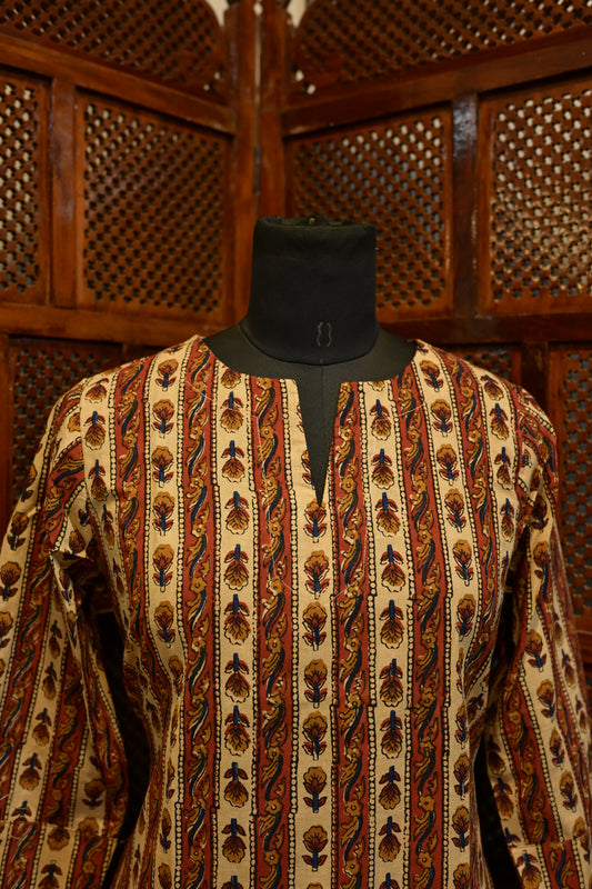 LEHRAA - Beige and Brick Red Hand Block Printed Cotton Kurti