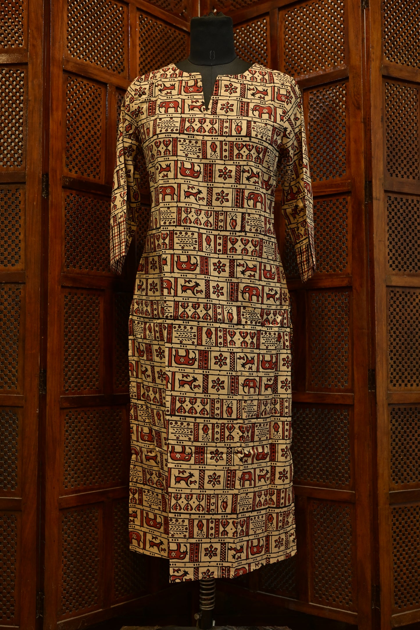 LEHRAA - Beige and Brick Red  Hand Block Printed Cotton Slit Neck Kurti