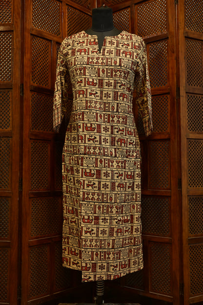 LEHRAA - Beige and Brick Red  Hand Block Printed Cotton Slit Neck Kurti