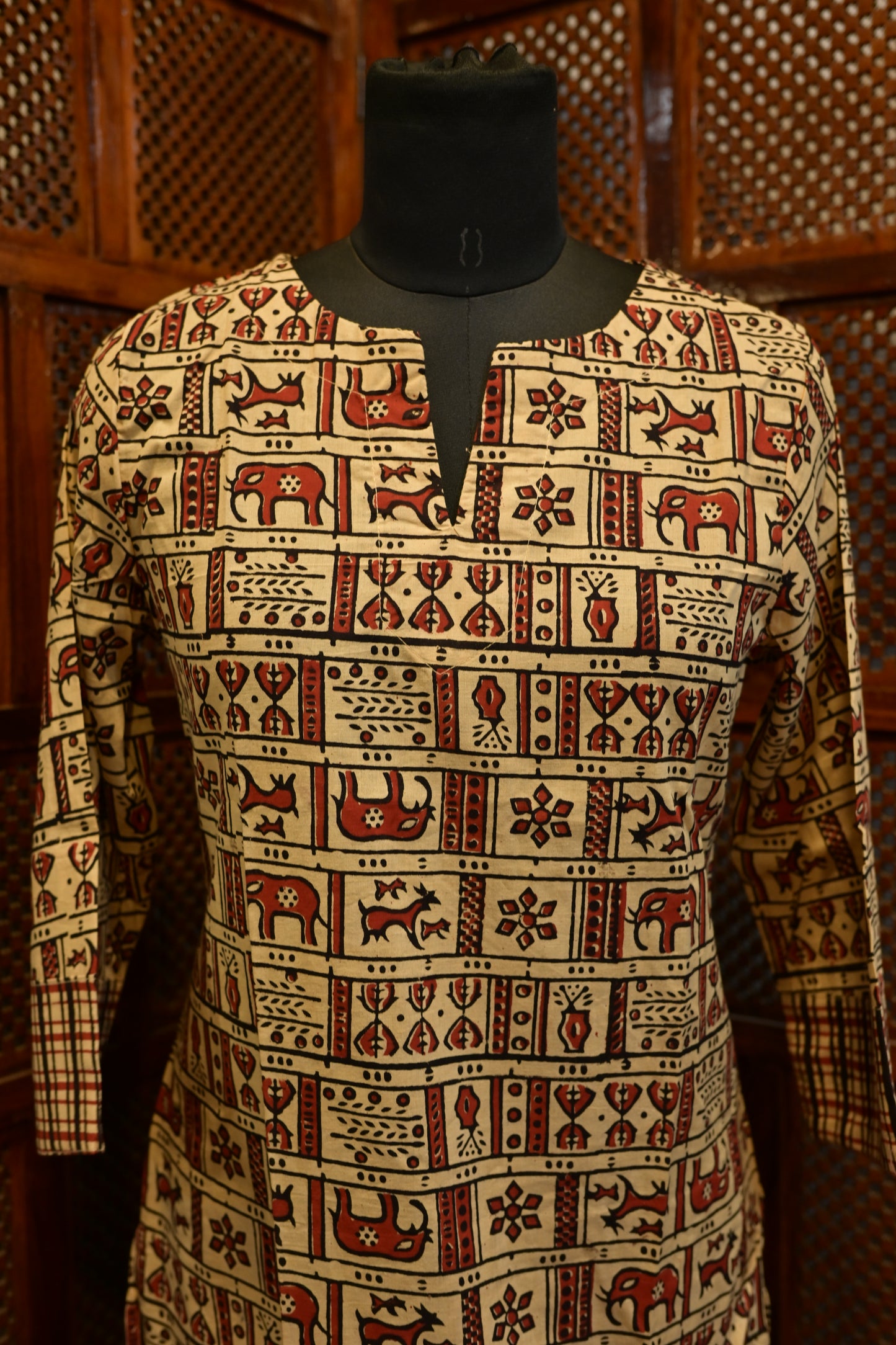 LEHRAA - Beige and Brick Red  Hand Block Printed Cotton Slit Neck Kurti
