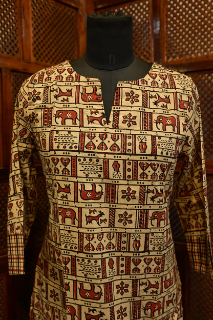 LEHRAA - Beige and Brick Red  Hand Block Printed Cotton Slit Neck Kurti