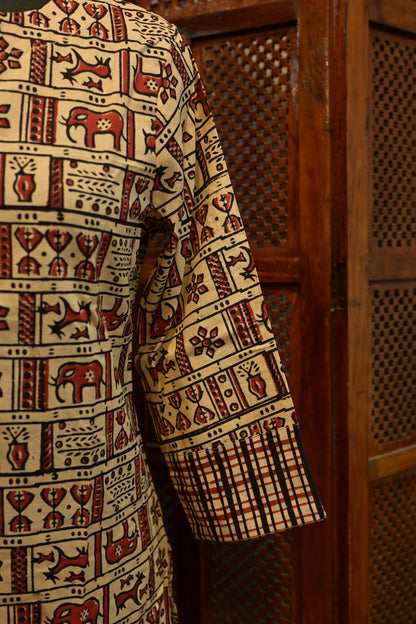LEHRAA - Beige and Brick Red  Hand Block Printed Cotton Slit Neck Kurti