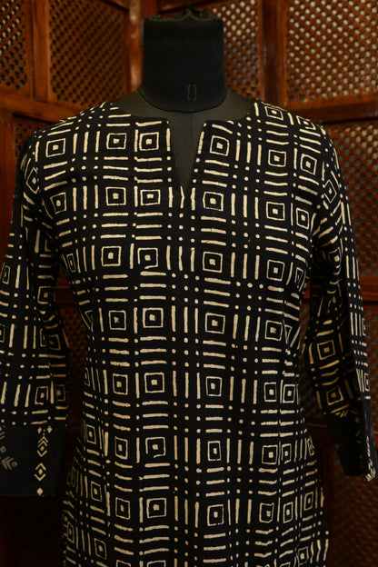 LEHRAA - Black Hand Block Printed Cotton Slit Neck Kurti