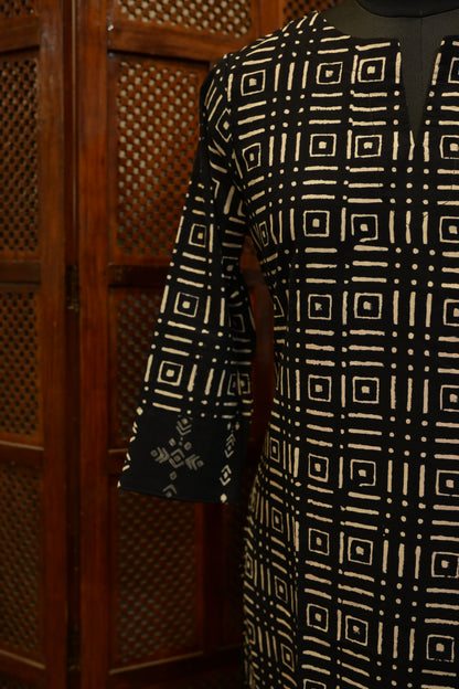 LEHRAA - Black Hand Block Printed Cotton Slit Neck Kurti