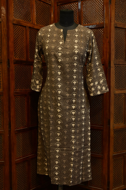 LEHRAA - Grey Dabu Block Printed Cotton Slit Neck Kurti