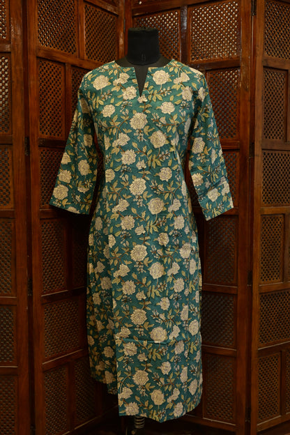 LEHRAA - TEAL BLUE Floral Sanganeri Hand Block Printed Cotton Kurti