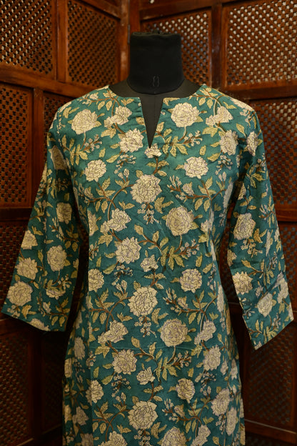 LEHRAA - TEAL BLUE Floral Sanganeri Hand Block Printed Cotton Kurti