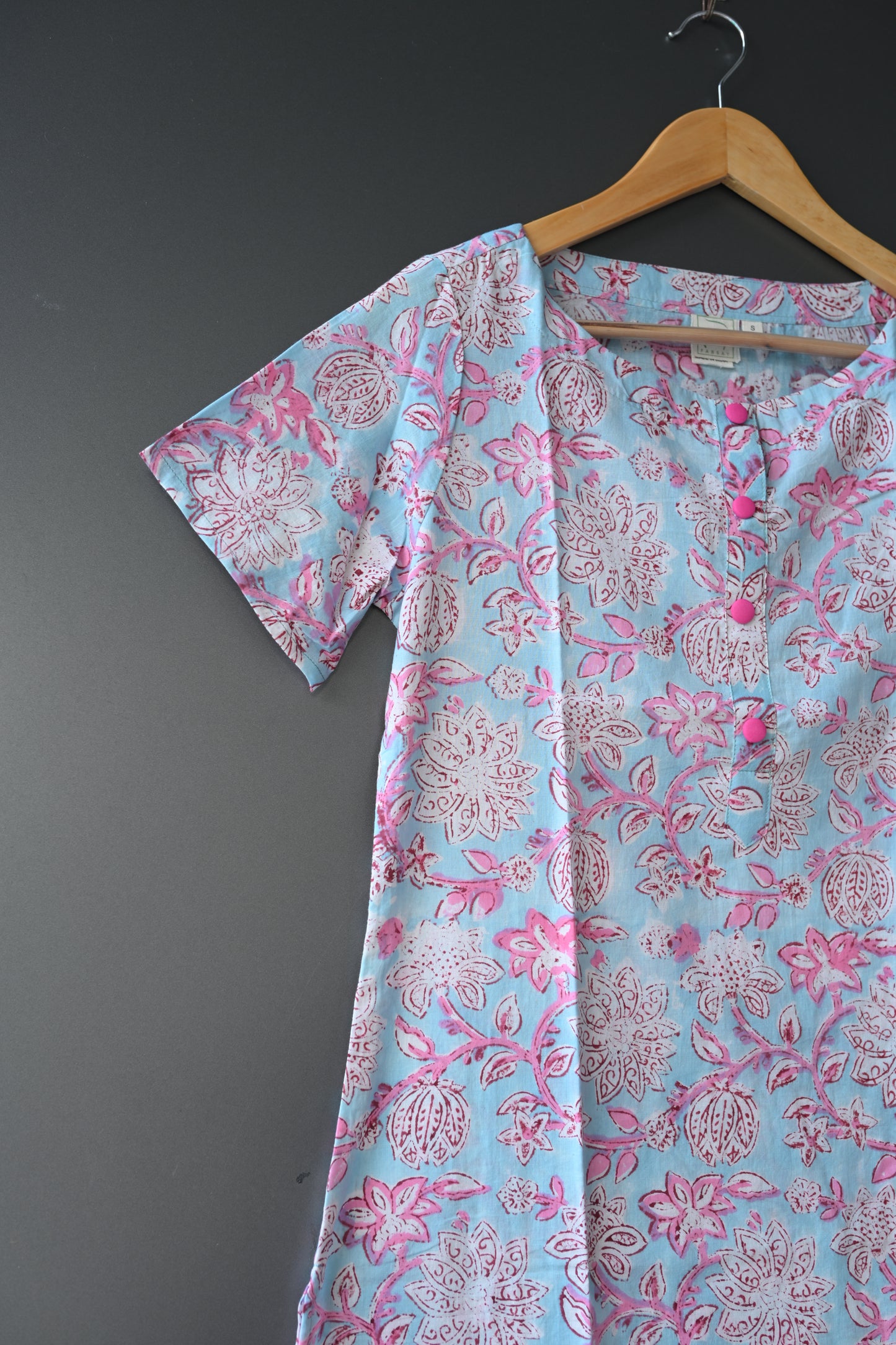 light blue and pink floral  Hand Block Printed Kurti