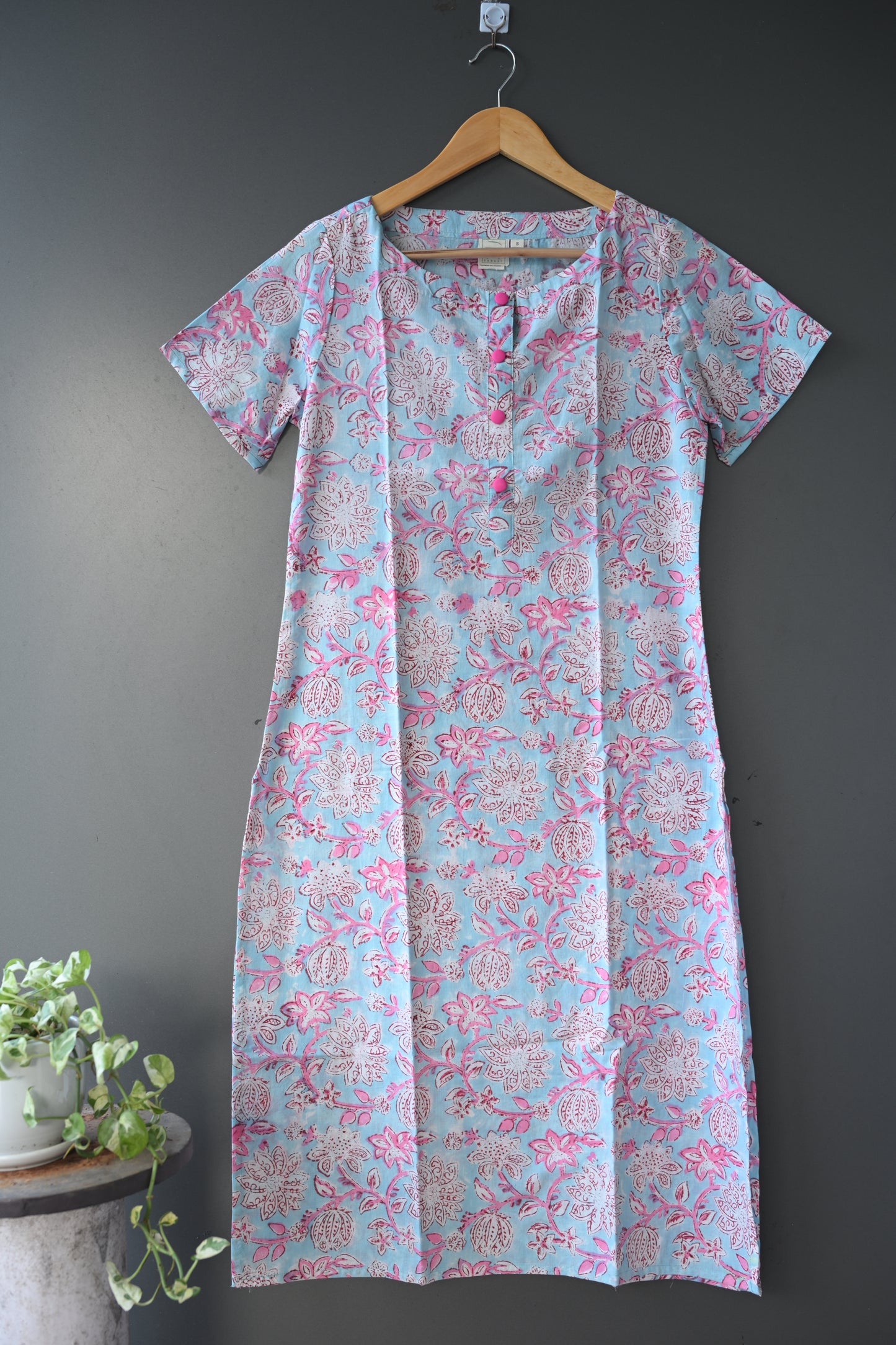 light blue and pink floral  Hand Block Printed Kurti