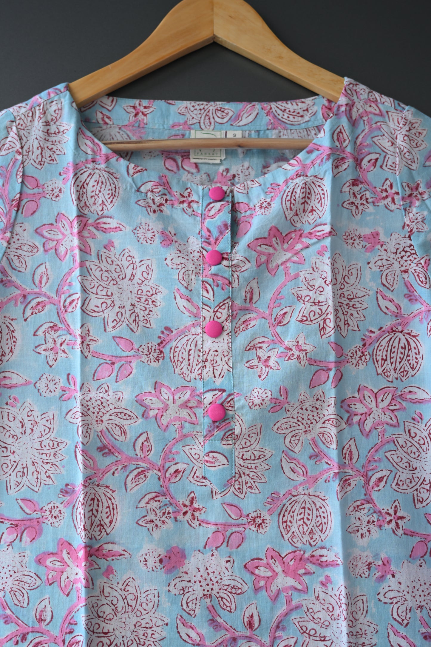 light blue and pink floral  Hand Block Printed Kurti