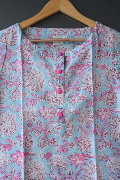light blue and pink floral  Hand Block Printed Kurti
