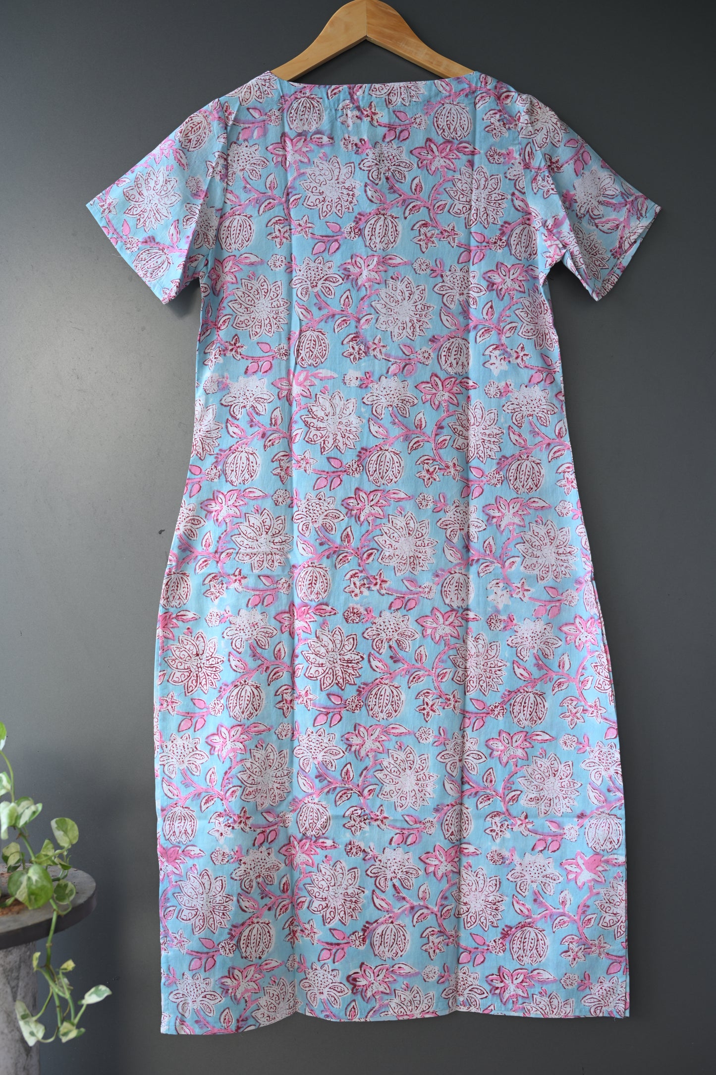 light blue and pink floral  Hand Block Printed Kurti