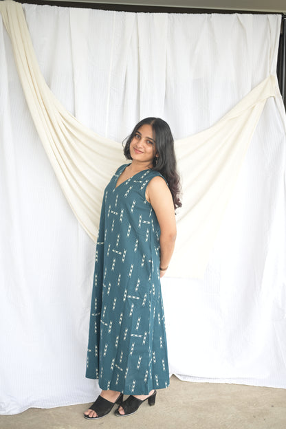 "IRA"Teal Blue Flax Cotton A-LINE DRESS
