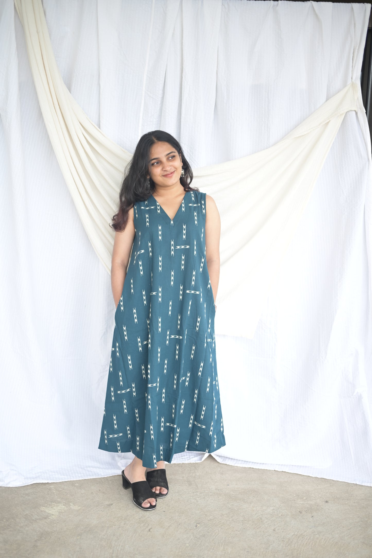 "IRA"Teal Blue Flax Cotton A-LINE DRESS