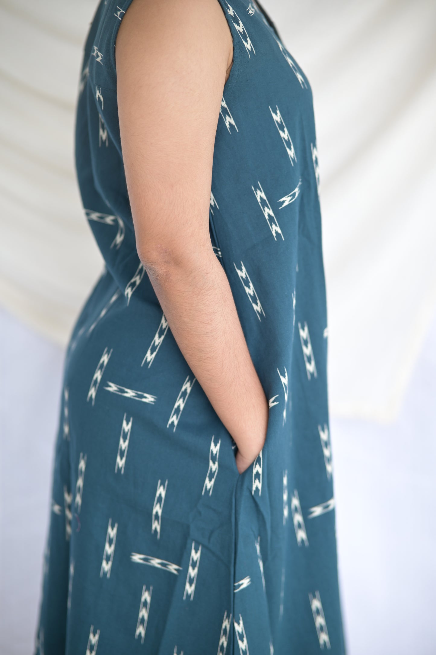 "IRA"Teal Blue Flax Cotton A-LINE DRESS