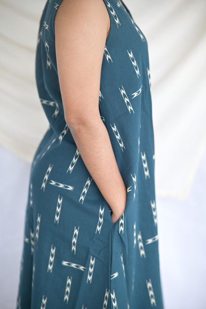 "IRA"Teal Blue Flax Cotton A-LINE DRESS