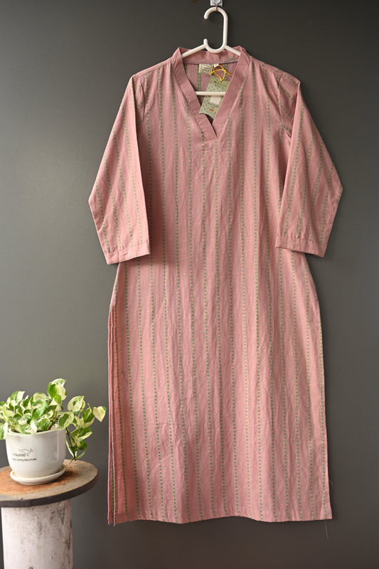 Powder Pink Hand Loom V Neck Kurti