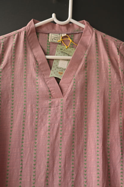 Powder Pink Hand Loom V Neck Kurti