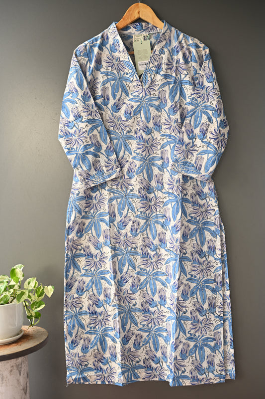 Blue and White Hand Block Printed With Kantha Work V neck Kurti