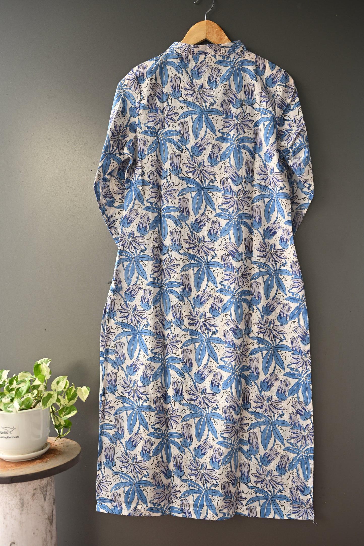 Blue and White Hand Block Printed With Kantha Work V neck Kurti