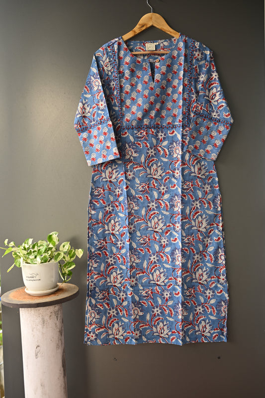 Sagner Print  Blue Floral Hand Block Printed Patch Kurti