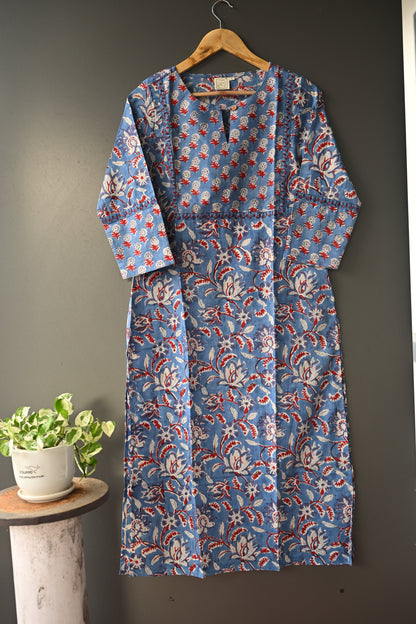 Sagner Print  Blue Floral Hand Block Printed Patch Kurti