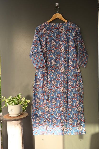 Sagner Print  Blue Floral Hand Block Printed Patch Kurti