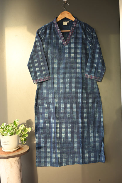 Indigo V Neck Kurti With Kantha Work